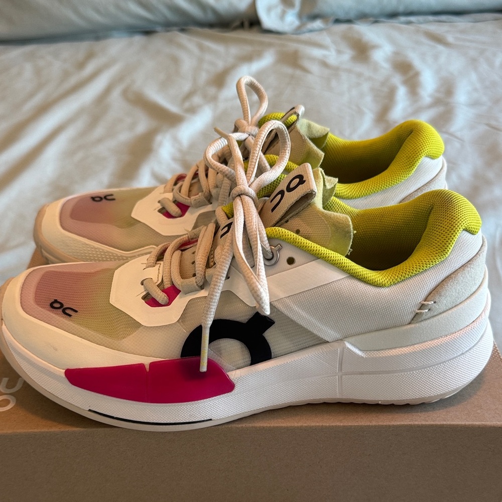 On Running Women's Athletic Shoes - White, Pink, Yellow - Picture 2 of 9
